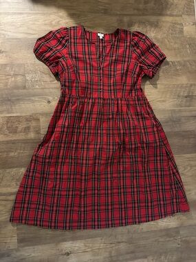 J. Crew Red and Black Plaid Midi Dress